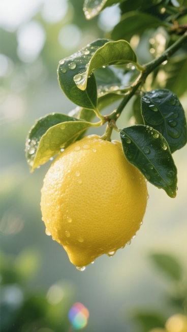 特写镜头，一颗饱满的黄色柠檬悬挂在翠绿的枝条上，表皮布满细密的白色油点与自然凸起的纹理，几片深绿色的柠檬叶卷曲着环绕四周，晶莹的露珠凝结在叶片边缘与柠檬表皮的沟壑处，折射出七彩的光斑，背景是模糊的橄榄绿枝叶形成浅景深，清晨斜射的金色阳光穿透薄雾，在柠檬表面形成明暗交错的光影，空气中弥漫着湿润的柑橘清香，整体色调是明亮的鹅黄与生机盎然的翠绿交织，散发着清新酸甜的自然气息。预览效果