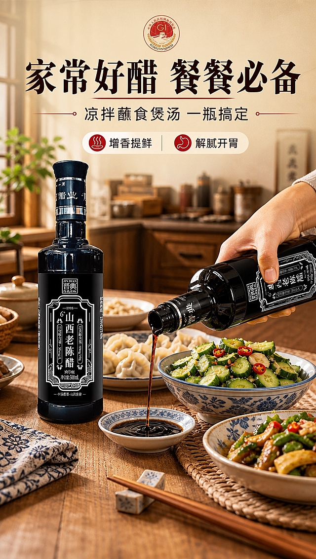 [商品] 使用【图1】晋典山西老陈醋500ml瓶装；保留黑色瓶身、标签、Logo及所有原有文字；产品立放在餐桌左侧，占画面约30%。
[画面] 目标：家常食用场景种草，手部倒醋动作。构图：左产品右食物，左侧立放一瓶陈醋，右侧是一桌家常饭菜（凉拌黄瓜、饺子、小碟蘸料）；一只亚洲人手正拿起醋瓶向小碟中倒醋，动作自然真实；背景为温馨中式家庭厨房/餐厅，暖木桌 + 青花瓷餐具，有生活烟火气，≥3层环境元素。
[视觉] 套系策略：风格=中式家常烟火气商业摄影；标题字=宋体粗体（带传统衬线）；正文字=简洁黑体；主色=深棕红+暖木色；背景延展=基于暖棕红做深浅层级、同色渐变和木纹/麻布质感；强调色=朱砂红，仅用于小面积图标、引线和标签；标题色=深棕黑；正文色=暖深灰；组件=圆角米白底信息卡、细线引线、印章式标签；光影=左前侧暖柔光，餐桌场景自然明亮。
[文字] 顶部主标题「家常好醋 餐餐必备」（8字），副标题「凉拌蘸食煲汤 一瓶搞定」（12字）；下方2个小卖点：增香提鲜 / 解腻开胃；文字在上方留白区，不遮挡食物和产品；所有文字横排。
[规格] 图片比例9:16竖版，4K分辨率，medium质量；避免变形、错字、文字过小、人物手部不自然、产品标签模糊。