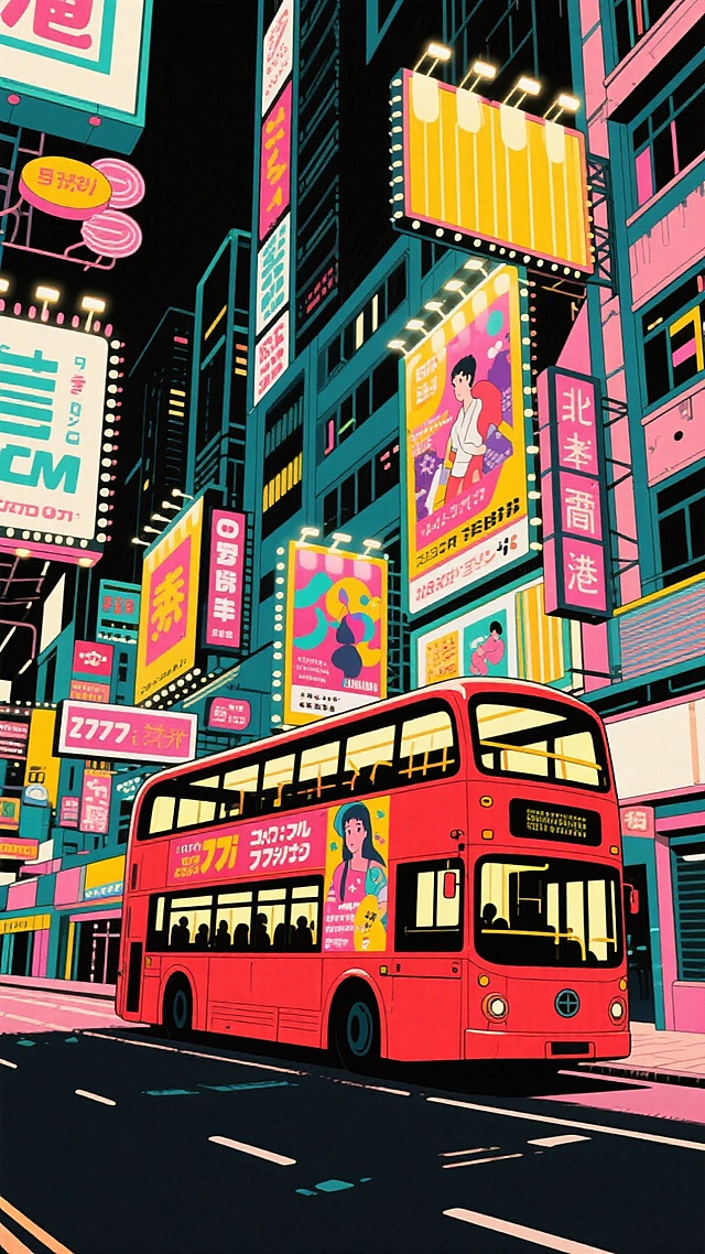 香港街头，广告牌错落有致，双层巴士位于画面中心