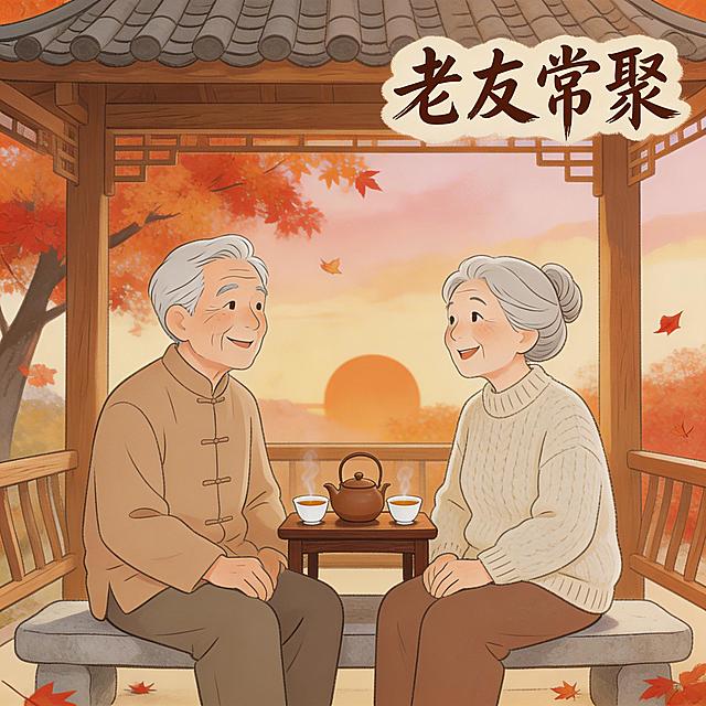 温馨亲切有故事感的手绘插画，两位银发老人，一男一女或者两位老友，坐在公园长椅或者中式凉亭下，中间放着一壶茶和两个茶杯，背景是柔和的夕阳和秋日红叶，整体色调温暖，线条柔和，带有手绘质感，画面配有书法字“老友常聚”，风格温馨治愈，适合中老年用户
