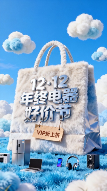 主视觉为一个大型购物袋，购物袋上展示3D文字 “12·12 年终电器好价节”。购物袋上挂着小字标签“VIP折上折”，背景为高饱和蓝白配色，微缩元素（冰箱、电脑、手机、耳机、音箱）装饰。预览效果