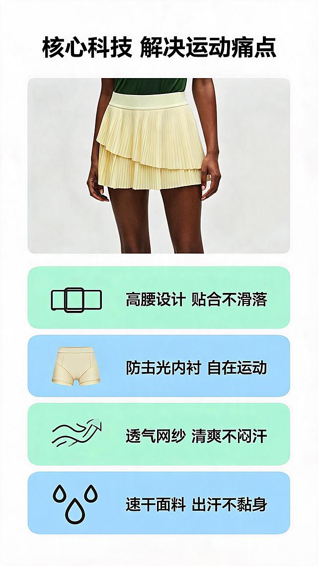 「图片1」，生成详情页，商品名称为夏季高腰防走光女运动透气速干网纱网球百褶半身短裙，适配淘宝/天猫平台，单图比例为9:16，需求屏数为8张。