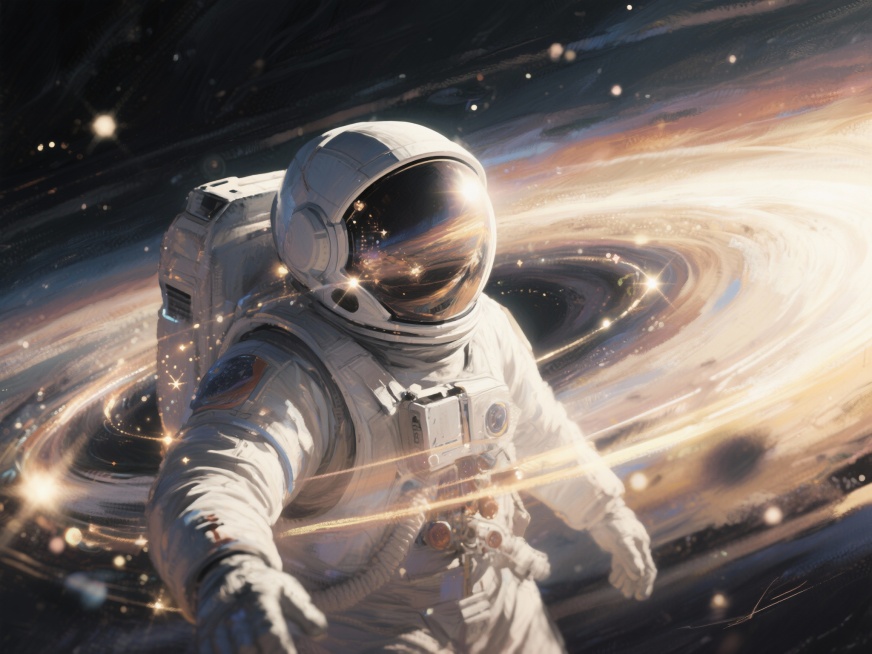 宇航员第一视角，仿佛闯入《星际穿越》的五维时空。宇宙重维交错，暗黑背景中突然迸发高曝光的光流，动态模糊与边缘弥散营造出穿越的急速感。全息摄影般的超距透视，多重影象叠加突然失焦，漏光增强如梦境撕裂，强阴预览效果