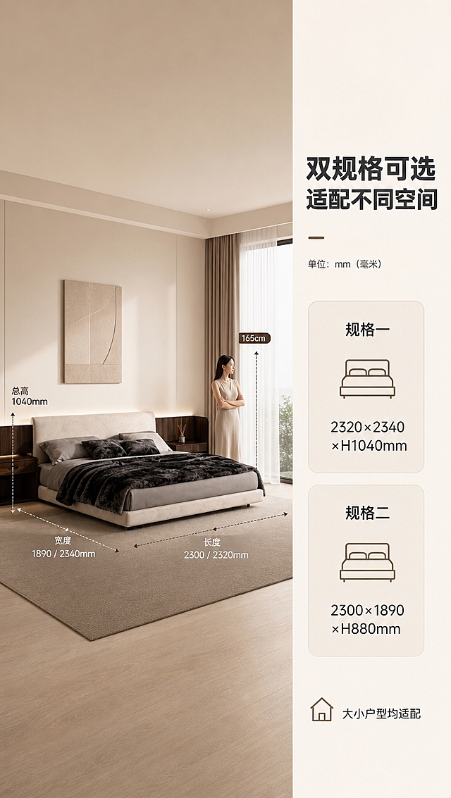 [商品] 使用【图1】意式简约箱体床，保留整体造型轮廓；商品处理：保持床的真实比例，用于尺寸标注参照，不改变结构。
[画面] 目标：空间尺度页，展示双规格尺寸与卧室占地示意。左图右文构图，左侧卧室场景+尺寸标注线，右侧约1/3参数区。床位于左侧场景中，占画面约45%，俯视微侧角度，四周有尺寸引线标注（长、宽、总高）。旁边站一位亚洲女性（约165cm）作人体比例参照。背景：浅米色平面+简化卧室轮廓，简洁清晰突出尺寸。
[视觉] 套系策略：风格=意式简约轻奢高级商业摄影；标题字=现代无衬线粗体（思源黑体Heavy）；正文字=简洁无衬线体（思源黑体Regular）；主色=米白暖杏；背景延展=基于米白暖杏做深浅层级、同色渐变和细腻哑光墙面/织物质感；强调色=深咖棕，仅用于小面积图标、引线和标签；标题色=深炭灰；正文色=中暖灰；组件=圆角浅底信息卡、细线引线、极简icon；光影=左前侧暖柔光+右侧自然光逆光轮廓，整体亮色调，高级通透。
[文字] 右侧参数区：主标题「双规格可选 适配不同空间」（10字），规格一：「2320×2340×H1040mm」，规格二：「2300×1890×H880mm」，底部小字「大小户型均适配」。左侧场景有长、宽、高虚线标注。
[规格] 图片比例9:16竖版，4K分辨率，负向提示：避免变形、错字、文字过小、冷蓝/蓝灰背景、尺寸标注错误、比例失真。