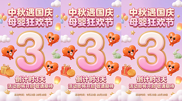 母婴行业中秋国庆双节活动倒计时3天海报，9:16竖版，电商C4D立体风格，与DM单视觉统一（粉紫+奶粉白+金色）。画面中央是超大3D立体数字"3"，圆润可爱字体，金色描边粉白渐变，数字周围环绕橙色爱心IP形象（圆润橙色爱心、黑色大眼睛、粉色腮红、微笑、短腿），IP做出欢呼惊喜的姿态。数字上方是标题"中秋遇国庆 母婴狂欢节"，稍小的立体字。数字下方是副标题"倒计时3天"和"活动即将开启 敬请期待"。背景是粉紫渐变，漂浮玉兔、月饼礼盒、气球、星星、云朵等C4D节日元素。底部小字"活动时间：9月23日-10月10日"。整体温馨可爱，C4D立体质感，光影柔和，版式精美，印刷级高清画质。画面中所有数字必须精确渲染，不得错位、遗漏或编造。