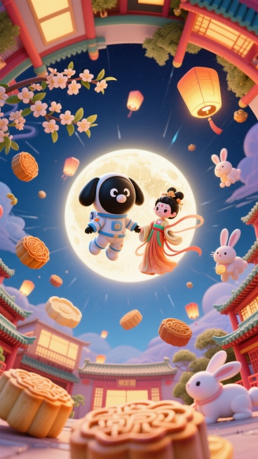 圆形鱼眼构图元素呈放射状分布。以巨大明亮的圆月为中心，所有元素漂浮在空中，中间穿着太空服黑色大头狗（漂浮感）和Q版嫦娥牵着手，四周环绕漂浮桂花，月饼，孔明灯，兔子等元素随机混乱排列，画面边缘环绕建筑，预览效果