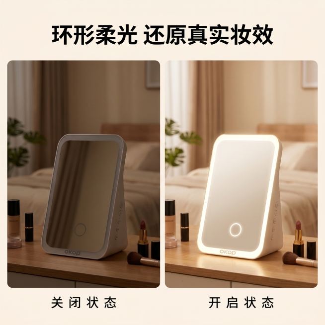 [主图 3] 镜面补光灯智能补光功能展示，温馨舒适家居治愈风。[氛围风格] 自然真实，温馨治愈，场景化展示。[画质] 商业摄影质感，光线柔和通透，产品清晰真实，画面干净高级。[元素] 保持产品外观结构预览效果
