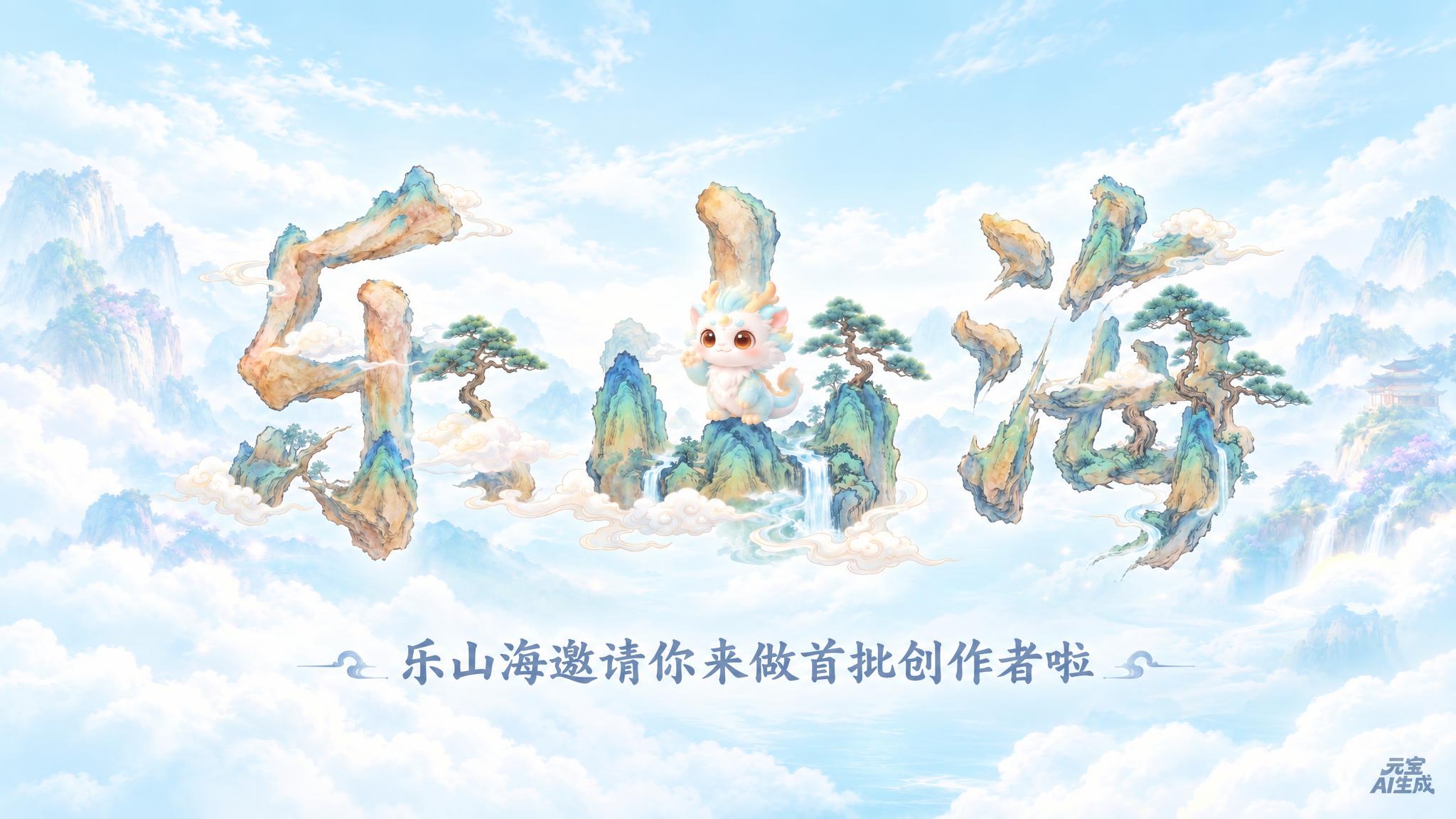 基于参考图修改，保持国风仙侠风格、云海山峦可爱瑞兽、"乐山海"… - 图片创意预览