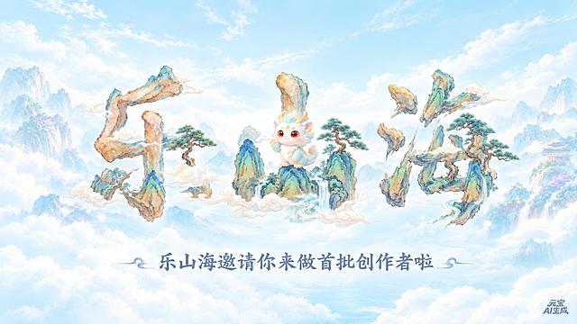 基于参考图修改，保持国风仙侠风格、云海山峦可爱瑞兽、"乐山海"山石艺术字造型、底部配文"乐山海邀请你来做首批创作者啦"、16:9比例全部不变，仅将整体画面颜色调得更浅更明亮，背景天空和云海变为更浅的淡蓝色调，整体氛围更加清新梦幻通透，画面元素细节保留完整