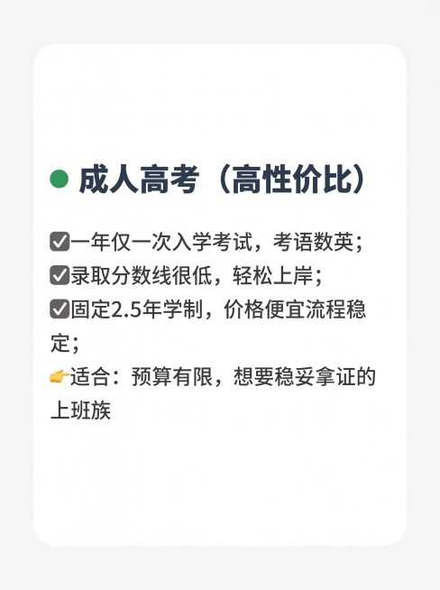 小红书竖版，尺寸900px×1200px，比例3:4，背景纯色#F7F7F7浅灰白，极简干货风，无花里胡哨贴纸和网红边框。整个画布为成人高考介绍区，白色圆角矩形框占满画布，内边距统一，左侧绿色小圆点?预览效果