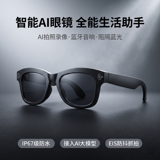 [主图 1] 智能AI拍照录像蓝牙眼镜科技首图。
[氛围风格] 专业科技冷感，理性高级质感；
[画质] C4D Octane物理级超写实商业产品渲染，质感真实细腻，产品清晰锋利，画面干净通透高级。
[预览效果