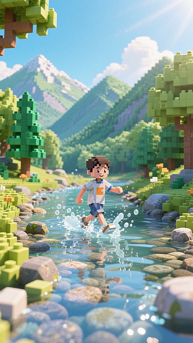 像素风虚拟现实世界，卡通人物在清新山水间嬉戏，营造梦幻互动体验。