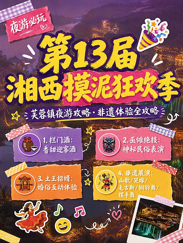 小红书笔记大字封面，配图大字，手账拼贴风格，版式精美，小红书笔记封面质感，适合信息流点击。主标题必须完整呈现且为画面视觉中心，逐字锁定：「第13届湘西摸泥狂欢季」。主标题字号占画面约 35% 视觉权重，清晰可读，不得增删改字。副标题：「芙蓉镇夜游攻略·非遗体验全攻略」。活动清单（画面中下部用便签清单形式呈现）：1.「拦门酒：香甜迎客酒」；2.「巫傩绝技：神秘民俗表演」；3.「土王招婿：婚俗互动体验」；4.「非遗展演：山歌/哭嫁/毛古斯/铜铃舞/摆手舞」。每条前加彩色圆形小图标。配图：采用【图1】芙蓉镇夜景航拍图作全屏底图，画面整体叠加一层半透明暖紫色遮罩（约30%不透明度）以突出标题和清单，景区灯火作朦胧夜游氛围。标题排版：采用配图大字 I17 + I15 手账拼贴策略，主标题为亮黄色超粗手写马克笔体，带深紫色粗描边，关键词「摸泥狂欢」加玫红色色块底框高亮，整体热闹有节庆感，非 3D 立体。活动清单排版：4项活动分左右两列排布，每家用不同颜色小便签纸（紫/粉/橙/黄）承载，便签用和纸胶带小角固定，文字为白色手写体，每项配小简笔画（酒杯/面具/花轿/舞者）。装饰：emoji 贴纸 2 个，1 个庆祝🎉贴纸贴在主标题右上角，1 个跳舞💃贴纸贴在左下角；另加和纸胶带 4 条斜贴在画面四角和便签边角，1 张玫红便签写「夜游必玩」置于左上角，手绘小箭头和星星点缀清单之间，右下角贴 1 个拍立得小图框露出瀑布夜景灯光，位置克制不抢主标题和清单。整体氛围：手账节庆攻略、热闹狂欢、湘西非遗夜游种草感。画质：高清细腻，信息层级清晰，主标题与清单文字均清晰可读，所有文字完整处于安全区内不可裁切，四周留安全边距。画面比例 3:4，4K。图生图：严格使用用户上传图片，【图1】= 芙蓉镇景区夜景底图，作朦胧暖调背景层保留灯火瀑布氛围。