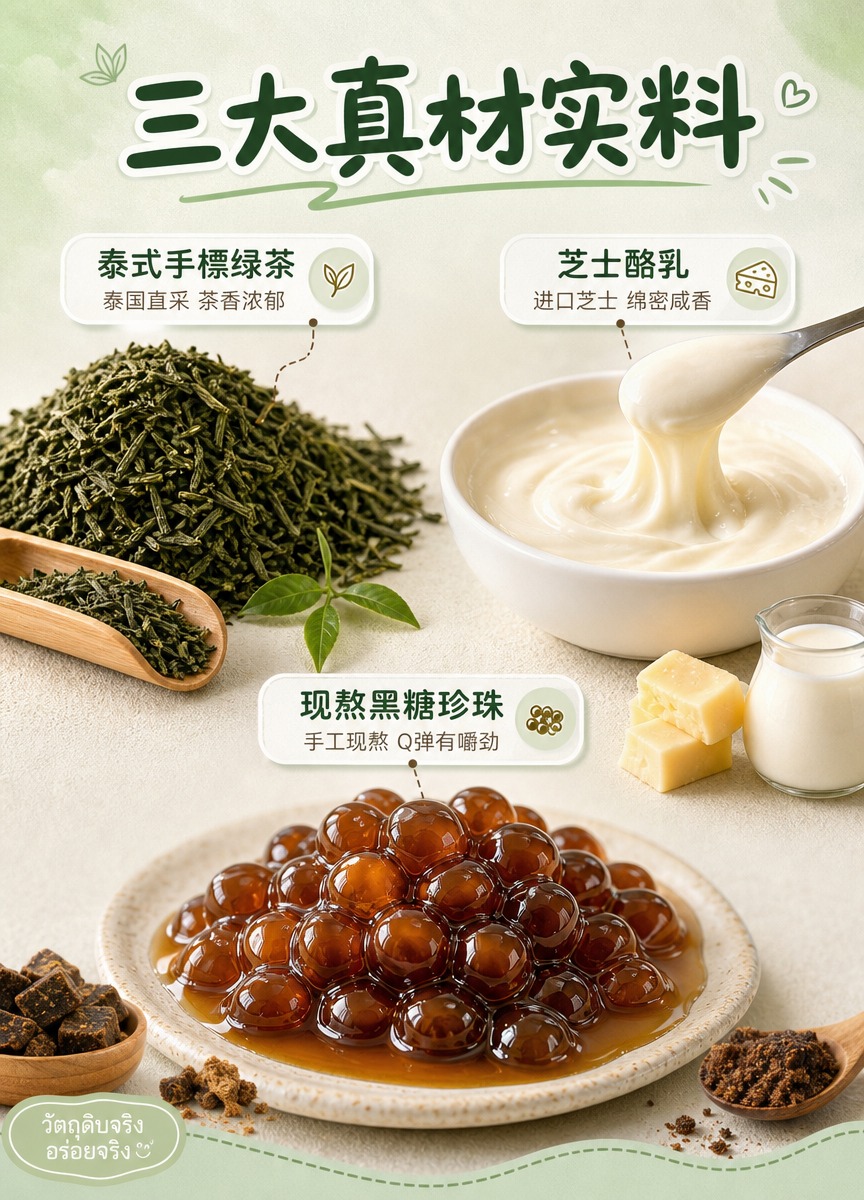 [商品] 三大核心原料微距展示：泰式手標绿茶（深绿茶叶颗粒，带… - 图片创意预览