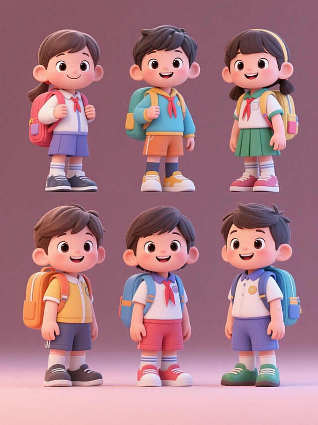 6个穿着不同款式校服的可爱小学生，保持3D卡通风格，圆润的面部特征，明亮的大眼睛，灿烂的笑容，背着书包，站姿自信，纯色背景，整体色彩变换，每个学生校服设计独特，包含不同颜色和细节，规整排布形成系列素材集合，高细节，平滑质感，正面视角