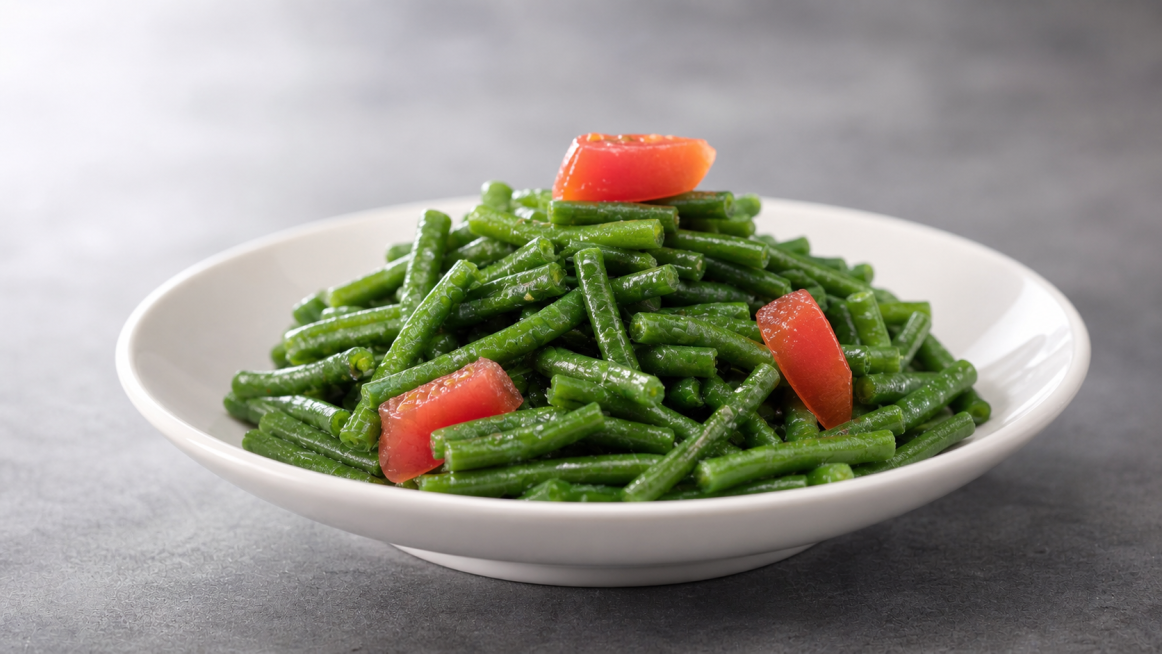 将图片修改为：专业美食摄影，45°斜侧视角，平视拍摄，白色陶瓷圆碗，放置在哑光深灰色水泥台面，柔和侧自然光，光影自然，浅景深虚化背景，画面居中构图，菜品占比统一，豇豆翠绿鲜嫩，色泽鲜亮，油润有光泽，超预览效果