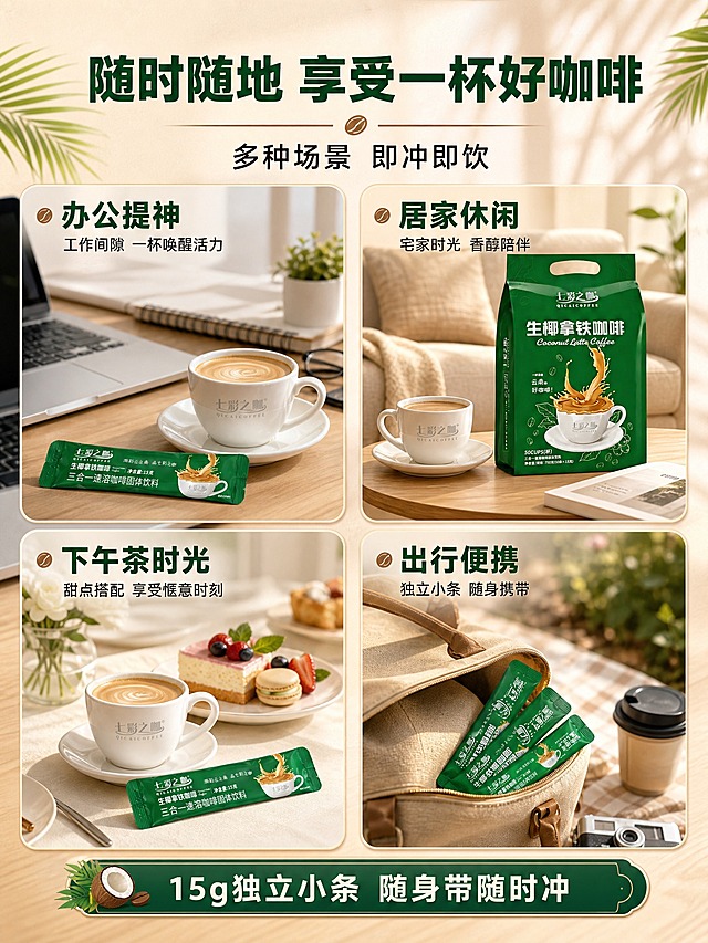 [商品] 使用【图1】七彩之咖生椰拿铁大包装袋、【图2】独立小条装；保留所有包装外观细节。
[画面] 第4张-场景种草，2×2场景拼图型。四个圆角卡片场景：左上「办公提神」-办公桌场景，电脑旁放着一杯咖啡+1条小条装；右上「居家休闲」-温馨客厅沙发旁小茶几，咖啡杯+一本书+大包装袋；左下「下午茶时光」-精致下午茶摆盘，咖啡杯配小甜点，旁边放小条装；右下「出行便携」-户外野餐/通勤包旁，露出小条装咖啡，体现便携。四个卡片风格统一，均为暖调自然光。画面底部有统一标签条。
[视觉] 套系策略：风格=国内电商食品详情页 暖调食欲感商业摄影；标题字=粗黑体 厚重有力；正文字=清爽黑体 简洁易读；主色=深墨绿（取自包装）+椰奶白；背景延展=暖米色渐变 浅棕木纹质感 同色系深浅层级；强调色=椰棕色 仅用于小面积图标、引线、标签点缀；标题色=深墨绿（主标题）+椰棕色（强调词）；正文色=深暖灰；组件=圆角浅底信息卡、细线引线、椰叶装饰元素；光影=各场景均为自然暖光 柔和真实。
[文字] 画面顶部主标题「随时随地 享受一杯好咖啡」，副标题「多种场景 即冲即饮」。四个场景卡片各有小标题：「办公提神」「居家休闲」「下午茶时光」「出行便携」。底部统一标签条写「15g独立小条 随身带随时冲」。文字全部横排，移动端可读。
[规格] 图片比例3:4竖版，4K分辨率，避免变形、错字、文字过小、场景不真实、包装错乱、卡片风格不统一。