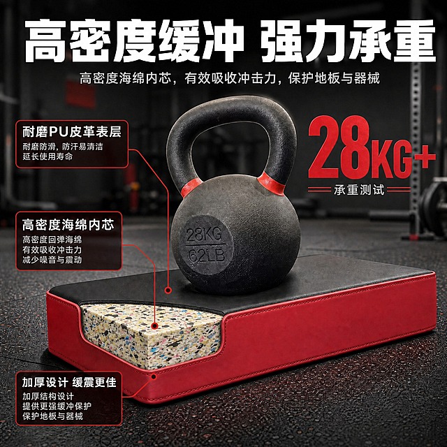 将图片中杠铃垫切开露出的米白色纯色海绵内芯，替换为彩色碎粒海绵（由黄色、黑色、灰色、粉色、蓝色等多种颜色碎海绵颗粒压制而成的高密度再生海绵，与参考图3中的海绵材质外观完全一致）。保持海绵的形状、厚度、切割角度和在画面中的位置不变，只改变海绵的材质纹理为多彩碎粒状。其他所有内容（壶铃、垫子外皮、文字、图标、背景、引线标注等）完全保持原样不变。