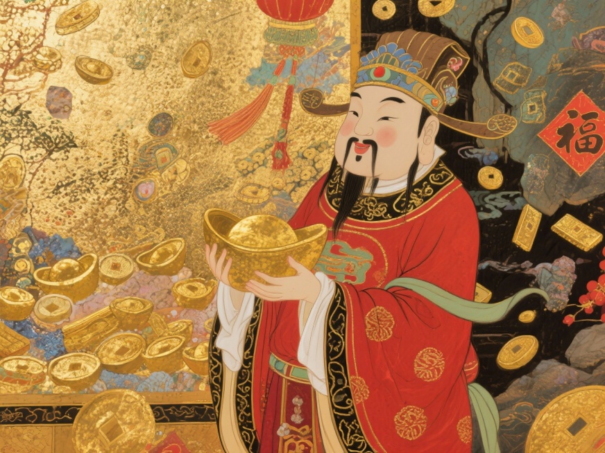 我想生成一副100*75cm的财神爷的IP图、背景中要有元宝、黄金、或者金钱元素、帮我生成提示词预览效果