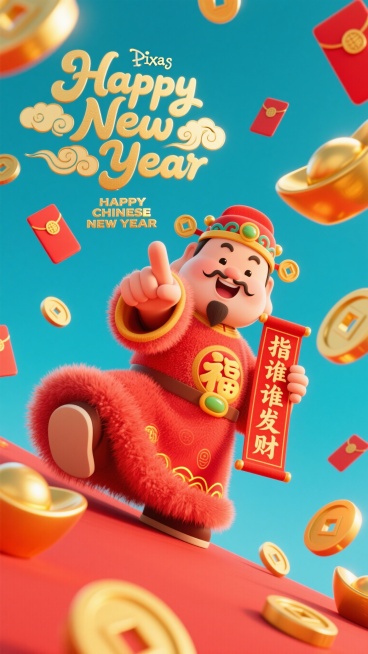 萌系3D卡通风格，营造新年喜庆且温馨的视觉氛围。大透视构图，极低的仰视角度，超广角镜头拍摄的人物，呈现人物手与镜头互动，画面以手为主导视觉，主体是身穿红色财神袍服服饰的财神，右手指着镜头，左手拿着对联预览效果