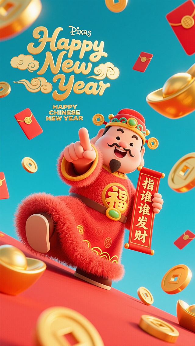 软3D风格的国潮财神，毛发生长质感服饰，鎏金元素点缀，喜庆卡通形象，手持“指谁谁发财”卷轴，红包金元宝环绕，洋溢新春喜悦。
