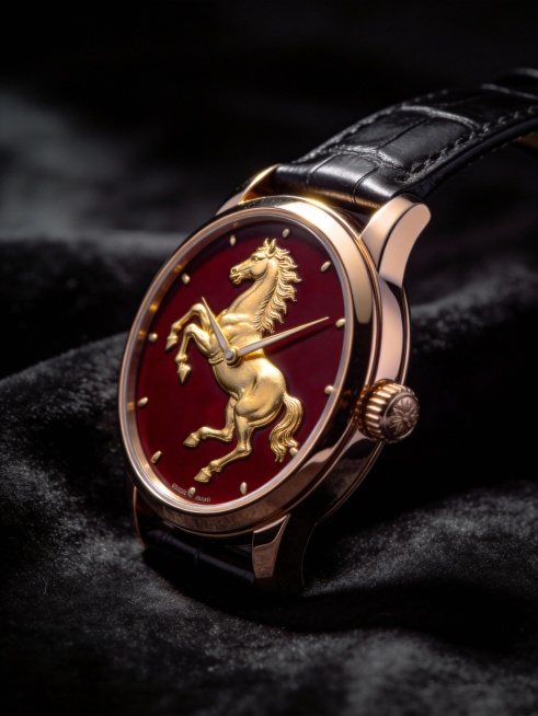 奢侈名表表盘特写，表盘底色为深红珐琅，上面有一只工艺精湛的黄金奔马浮雕。手表放置在黑色丝绒布上。一束侧光完美照亮金马的金属质感和细节。极简构图，高贵优雅，体现工匠精神，8k超高清分辨率，微距镜头。预览效果
