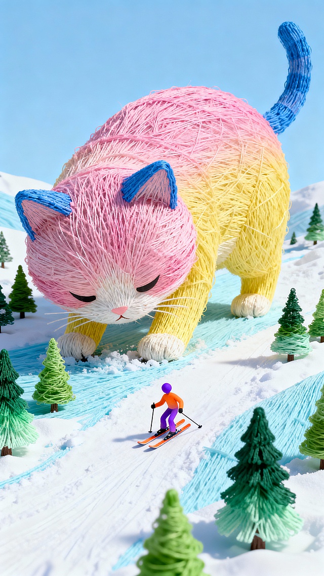 一只巨大猫咪低头刨着一个微缩滑雪场，滑雪场上有松树，地面上有小人在雪地上滑雪，蓝天背景，俯视构图，动感，画面具有故事感，孟菲斯配色