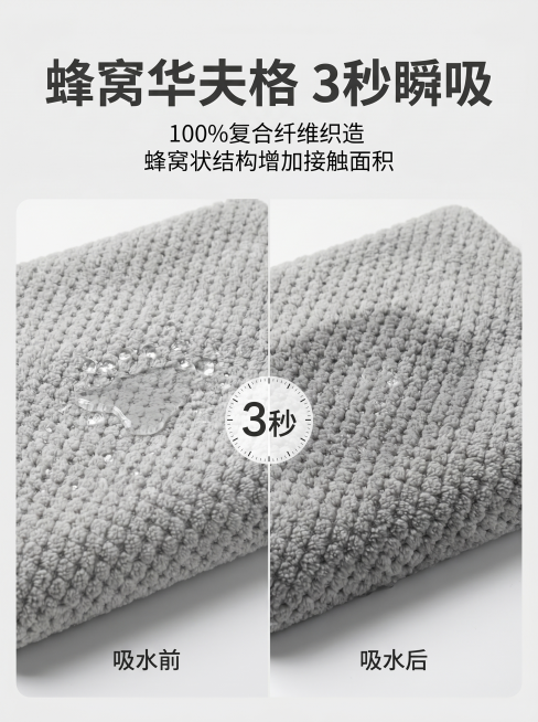 [主图 2]核心功效瞬吸能力展示
[氛围风格]欧美简约干净风，真实可信
[画质]商业摄影质感，光线柔和通透，产品清晰真实，画面干净高级
[元素]干发帽沾水瞬间，展示3秒瞬吸效果，左侧放干发帽吸水前，右预览效果