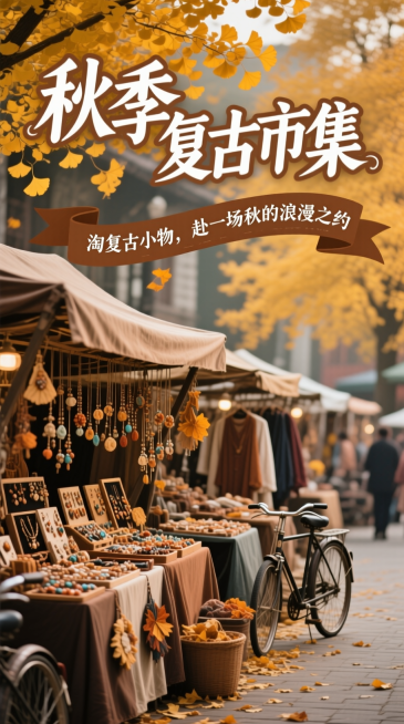 画面上方有白色艺术字标题“秋季复古市集”，棕色飘带注“淘复古小物，赴一场秋的浪漫之约”，中间是复古市集摊位，摆放不同的秋日手作饰品、 衣物，背景是银杏叶与老式自行车，色调是暖棕焦糖色，呈现市集街道纵深预览效果