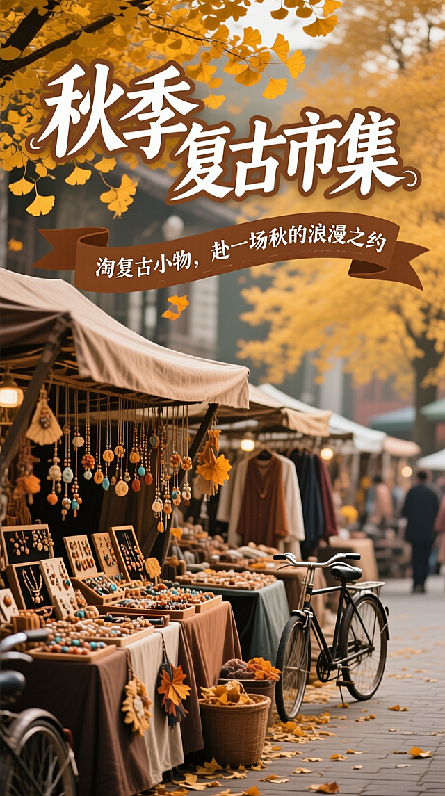 美式复古风市集，胶片色调渲染秋日浪漫，轻拟物设计搭配印刷风文字，实景感落叶与自行车点缀，营造温馨质朴的文艺氛围。