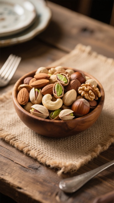 一个装满混合坚果的木碗，碗中包含完整的杏仁、腰果、核桃、榛子和带壳开心果，坚果外壳纹理清晰，部分开心果已剥开露出绿色果仁，整体呈自然堆叠状态；保持超写实摄影风格，清晰的微距细节，温暖的自然光从左上方照射，形成柔和的阴影和高光，坚果表面富有光泽和质感；背景替换为铺着浅棕色亚麻桌布的乡村木质餐桌，桌布有细微的编织纹理，桌面边缘可见模糊的复古陶瓷餐盘和金属餐叉局部，整体氛围温馨自然，突出坚果的原生态……预览效果