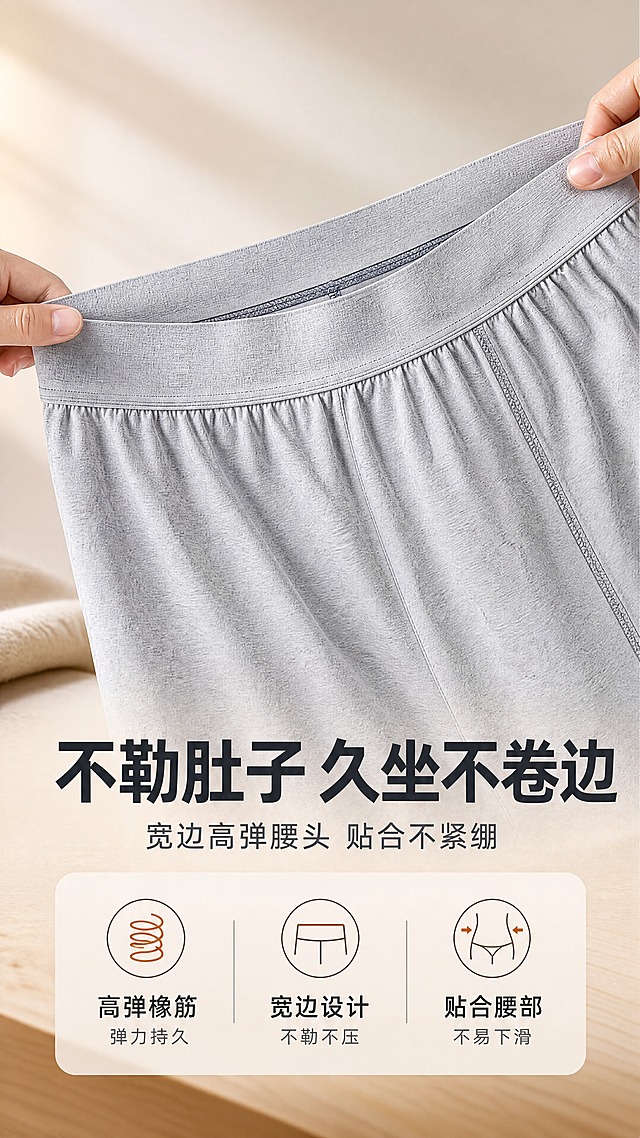[商品] 使用【图1】男士莱卡棉秋裤腰头特写，浅灰色；商品处理：保留宽边高弹腰头、松紧褶皱、缝线结构和颜色；自然理顺腰头形态，增强莱卡棉面料纹理、缝线针脚和橡筋质感，不改变版型结构；增加腰头被轻轻拉伸的动态感，展示弹力。
[画面] 页面目标：高弹不勒卖点页，宽边腰头+弹力演示。构图：产品居中偏上，下方文字卖点。主体位置：上中部，腰头呈微拉伸状态展示高弹力。景别：特写。阅读动线：从上到下，先看产品再看卖点。前中后景：前景腰头特写（带手部轻轻拉伸腰头两侧的动作，仅显示手部不露脸）、中景产品、背景浅灰渐变+柔光。
[视觉] 套系策略：风格=温暖居家高级商业摄影；标题字=现代无衬线粗黑体；正文字=简洁无衬线体；主色=浅麻灰+藏青；背景延展=基于暖木色+米白做深浅层级、同色渐变和细腻织物/木纹质感；强调色=暖焦糖色，仅用于小面积图标、引线和标签；标题色=深炭灰；正文色=中暖灰；组件=圆角浅底信息卡、细线引线、圆形图标；光影=左前侧暖柔自然光。
[文字] 中下位置主标题"不勒肚子 久坐不卷边"，副标题"宽边高弹腰头 贴合不紧绷"；下方3个卖点带图标："高弹橡筋 弹力持久"、"宽边设计 不勒不压"、"贴合腰部 不易下滑"。所有文字横排。
[规格] 图片比例9:16竖版，4K，避免变形、错字、文字过小、露脸模特、冷蓝/蓝灰背景、衣服颜色改变、版型失真、极限词、平台logo。