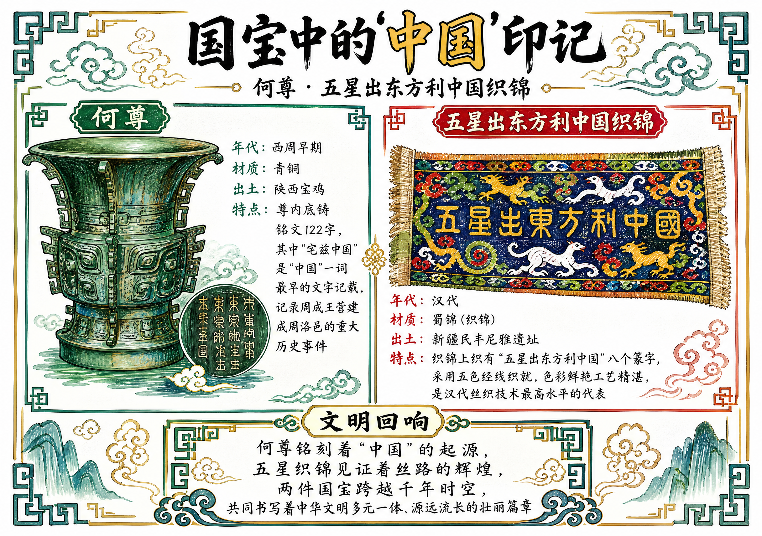 一张A4横版历史文物手抄报，主题为何尊与五星出东方利中国织锦两… - 图片创意预览