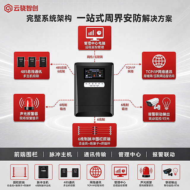 [第4张·系统架构] 【485/网络型】6线制脉冲电子围栏系统，系统架构示意图主图，参考[image3]的专业工业风格与配色体系。
[画面主体] 画面中心放置黑色脉冲主机（[image1]产品），正面展示，占画面约30%，主机外观严格保持原图不变。主机四周用红色连接线连接各系统组件，形成完整系统架构图。左上角云骁智创红色LOGO+文字（[image2]）。
[构图版式] 中心主机+四周系统组件环形排布，顶部大标题，底部通栏说明。整体满版，信息丰富。
[场景元素] 浅灰渐变科技感背景，带淡淡的网格线和横向线条，底部圆形光晕，与参考图背景风格统一。
[文案版式] 顶部大标题："完整系统架构 一站式周界安防解决方案"，深灰色粗体大字。中心主机上方连接"管理中心电脑 远程监控管理"红图标卡片，下方连接"6线制脉冲围栏前端 合金线+绝缘子+终端杆"红图标卡片，左侧连接"485总线通讯 多主机级联"红图标卡片，右侧连接"TCP/IP网络通讯 局域网/互联网远程访问"红图标卡片，左下方连接"声光报警器 现场报警提示"红图标卡片，右下方连接"报警联动输出 联动监控/灯光"红图标卡片。各组件与主机之间用红色虚线连接，标注连接方式。底部深灰通栏白字："前端围栏 | 脉冲主机 | 通讯传输 | 管理中心 | 报警联动"。最底部图标条：6个系统组件图标+文字。
[光影质感] 柔和棚拍光，主机清晰突出，系统组件图标简洁明了，连接线清晰，整体科技感与专业感兼具。
[配色字体] 白灰+警示红配色，无衬线粗体，架构图清晰易读，与参考图风格一致。
[比例分辨率] 1:1正方形，2048×2048像素，2K分辨率。
[负向提示词] 禁止主机变形扭曲，禁止错字糊字，禁止背景过暗或过于花哨，禁止低清晰度，禁止水印，禁止大面积空白。