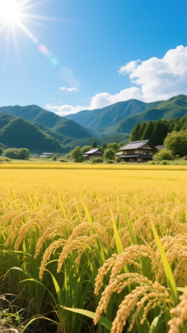 阳光明媚的晴朗白天，广阔的金黄色稻田占据画面主体，稻穗饱满低垂，在微风中轻轻摇曳，展现出丰富的纹理和自然的波浪状形态，绿色的稻杆底部与金黄的稻穗形成鲜明对比。远处是层层叠叠的深绿色山峦，轮廓清晰，山间点缀着几座传统日式民居建筑，屋顶古朴，周围环绕着茂密的绿树。天空湛蓝，飘着几朵洁白的云彩，阳光从左上角照射下来，形成明亮的光晕和清晰的光线轨迹，在稻田上投下温暖的光影，整个场景充满了宁静、丰收的田……预览效果