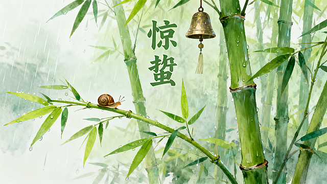 画面带有“惊蛰”字样，春雨中嫩绿竹子上爬着惊蛰苏醒的小蜗牛小动物，竹子树梢挂着一个轻轻晃动的风铃，春雨湿润朦胧，整体充满春日蓬勃生命力，清新治愈的国风春天场景