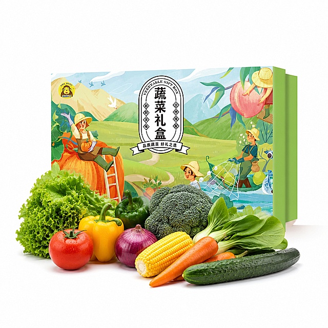 将当前蔬菜礼盒商品图修改为京东平台1:1白底主图，保持礼盒包装设计和原有图案不变，在礼盒前方添加一些新鲜蔬菜自然摆放，整体背景改为纯白色，保留礼盒极轻的接地阴影，商品主体占画面70%-85%，保持礼盒原角度和颜色，画质清晰干净，符合电商商品主图规范