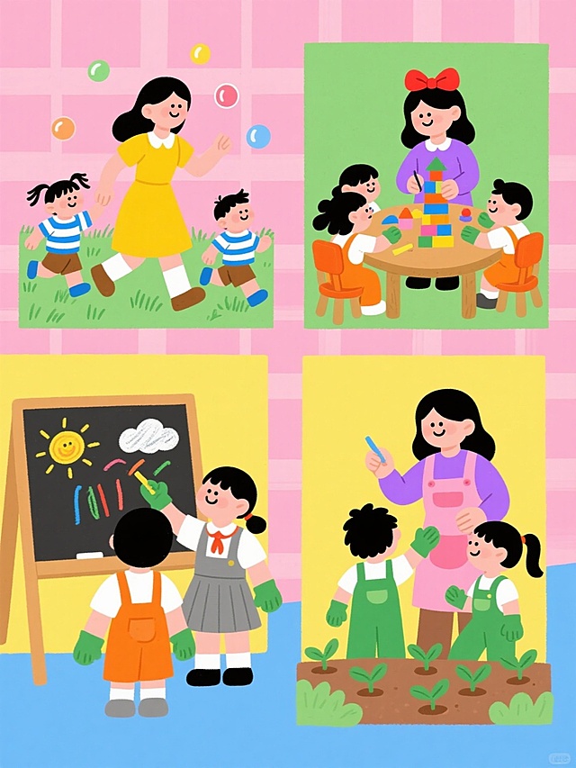 系列幼儿园插画集合，保持原卡通手绘风格，规整网格排布四个不同场景：1. 粉色背景下，穿黄色连衣裙的女老师带着孩子们在草地上追逐彩色泡泡，孩子们穿着蓝白条纹上衣和棕色短裤；2. 绿色背景中，戴红色蝴蝶结的女老师和围坐在圆形木桌旁的小朋友们一起用彩色积木搭建高塔，小朋友们穿着橙色背带裤和白色T恤；3. 黄色背景里，穿紫色上衣的女老师在黑板前用彩色粉笔教孩子们画画，黑板上画着太阳和云朵，孩子们穿着灰色校服裙和白色衬衫；4. 蓝色背景下，穿粉色围裙的女老师带领孩子们在小花园里种植幼苗，孩子们戴着小手套，穿着绿色连体工作服，整体画面线条圆润，色彩明快，人物表情天真可爱，所有元素均为纯色填充，无复杂纹理和阴影。