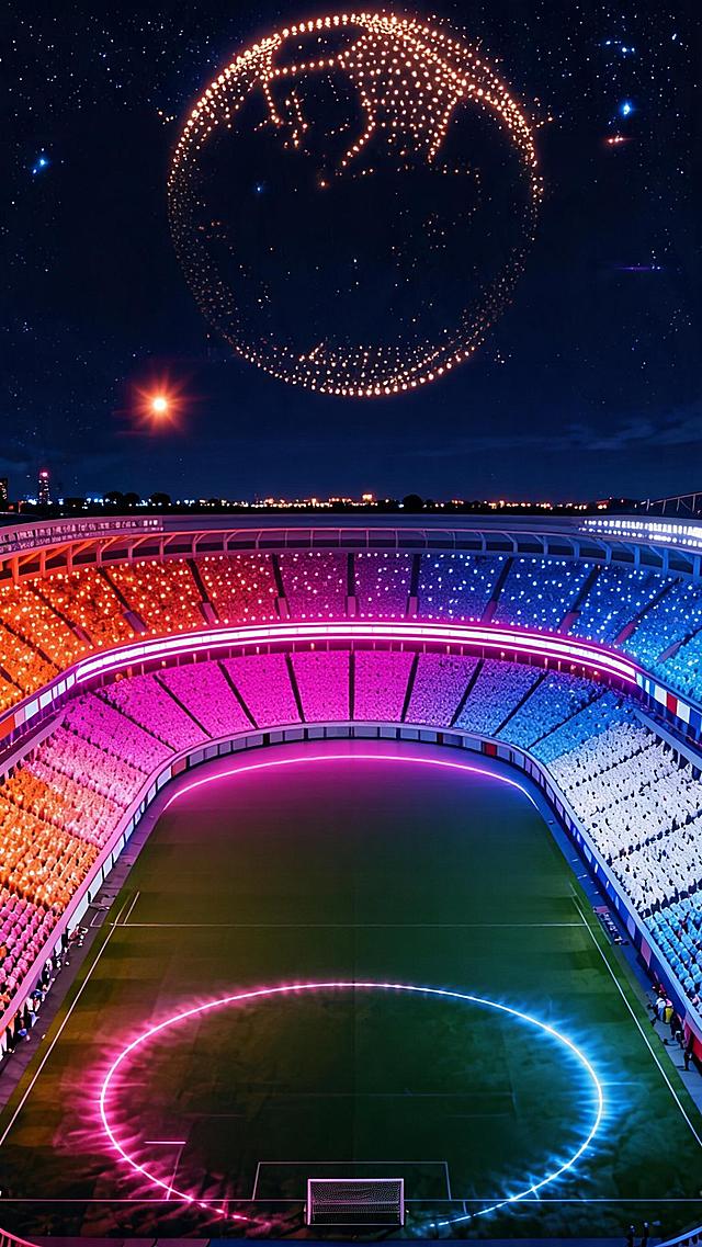 参考图片的版式骨架、星空体育场夜景氛围和光影，保留大标题在上，中心文字的构图结构，替换文案为TikTok娱团播赛制说明海报，主标题上方为发光星球形状灯光，主标题文字是 "FUTURE STAR LEAGUE. JUNE"，副标题文字 "COMPETITION RULES"，下方清晰排版赛制规则：1. STAGE 1:TEAM OPENING SHOW，Each team will bring amazing performances and showcase their team spirit on stage. 2. STAGE 2 : FUTURE STAR SOLO BATTLE，Each VJ will perform a solo showcase and then enter the official individual competition. Compete for the title of FUTURE STAR CHAMPION 3. MYSTERY GUEST，Special surprise performances! Selected VJs will appear on stage with Mystery Guests. 4. REVIVAL RULE，Eliminated? Don't give up! Earn 3000 Points to get ONE Revival Chance. Revival Points are only used for revival and will not be added to your competition score. 夜晚星空体育场氛围，潮流竞技风格，色彩炫丽，文字清晰可读，排版分区合理，整体和参考图风格一致，4K分辨率，版式精美