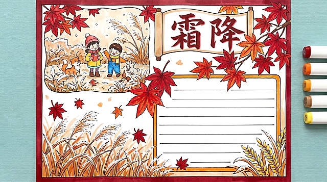 霜降手抄报，A4横版，马克笔手绘风格，整体色调清新。画面绘制红枫叶和挂满霜的枯草，左上角插图右下角文字区域，顶部标题“霜降”，马克笔笔触浓郁，配色以深红浅褐为主，深秋霜降氛围，排版清晰，预留文字抄写空间，符合小学生手抄报风格。16:9比例，2k分辨率，超高清。负向提示词：变形，水印，文字错乱，颜色暗沉，排版杂乱