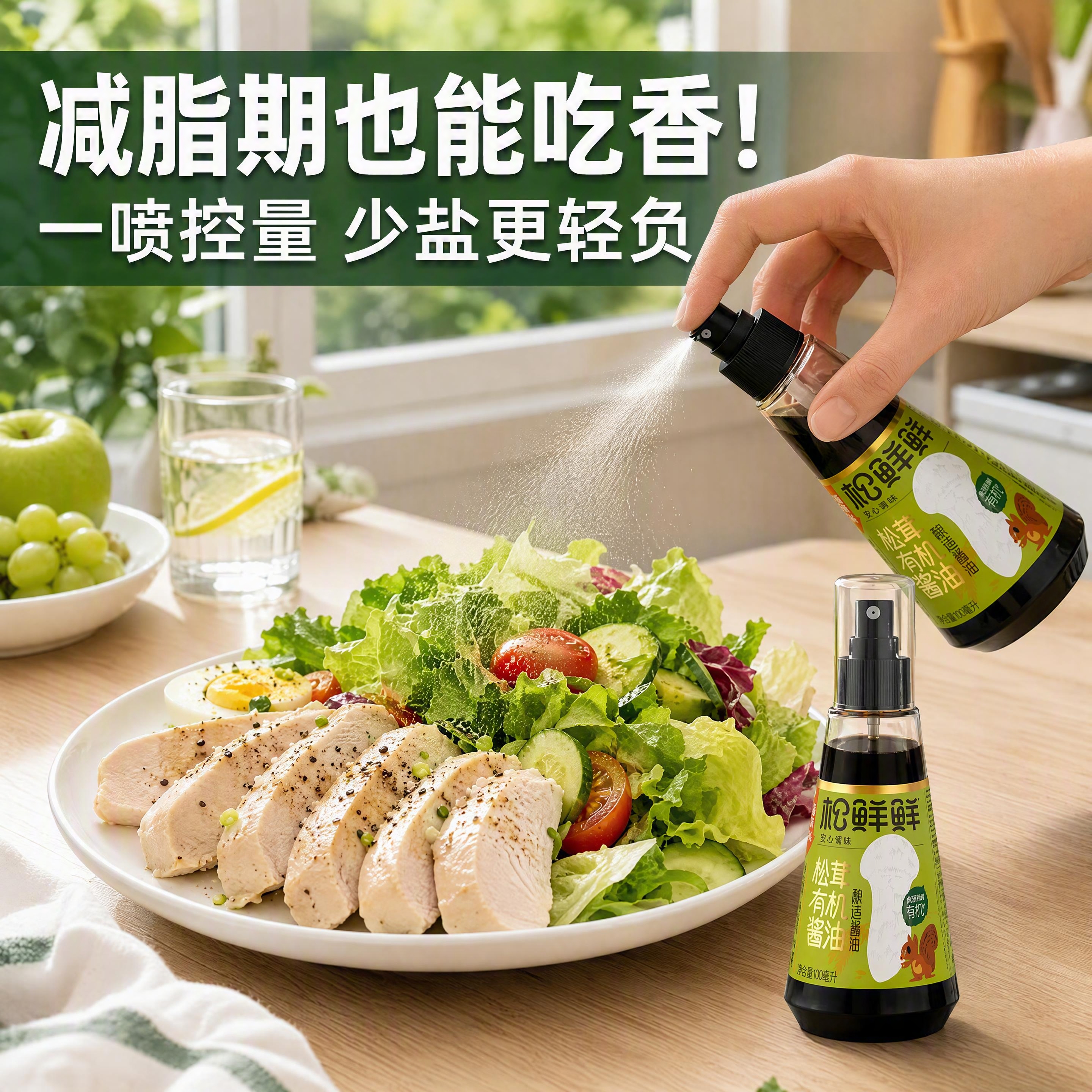抖音电商主图，轻食减脂场景。开放式减脂早餐台场景，浅木色桌面。… - 图片创意预览