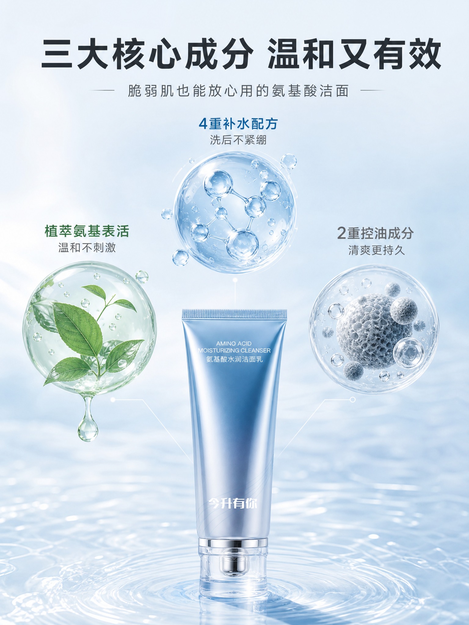 [主图-2] 核心成分解析主题。展示今升有你氨基酸洁面乳的核心… - 图片创意预览