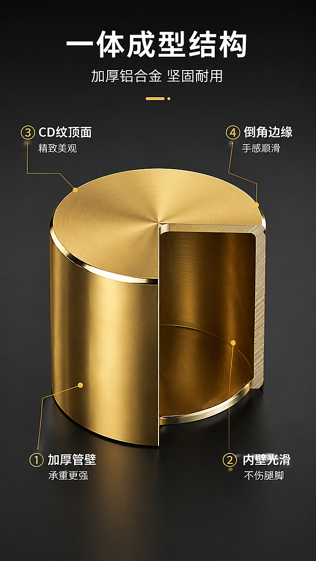 [第4屏] 结构材质-铝合金脚套一体成型结构解析。本屏使用【图1】作为商品主体（含剖面展示）。
[氛围/风格] 专业工业风，结构解析感，科技质感，清晰严谨。
[元素布局] 画面中央展示1个大号金色圆柱形脚套的半剖透视图，左侧为完整外观，右侧剖开露出内部结构；标注出：①加厚铝合金管壁 ②内壁光滑打磨 ③顶部CD纹拉丝面 ④边缘高光倒角；脚套外观、颜色、材质与输入图一致；背景为深灰到浅灰渐变，突出金属质感。
[光影质感] 侧上方硬光勾勒金属边缘，剖面内部用漫反射补亮，管壁厚度清晰可见，整体冷峻专业。
[配色色系] 全局底色 #2C2C2C（深灰）；主色金色 #D4AF37；辅助色白色标注线、浅灰说明文字。
[视角构图] 正面平视，产品居中，标注线从产品各部位引出到两侧说明区，阅读动线中心向两侧。
[文字版式] 顶部主标题「一体成型结构」，副标题「加厚铝合金 坚固耐用」；4条标注线分别对应「加厚管壁 承重更强」「内壁光滑 不伤腿脚」「CD纹顶面 精致美观」「倒角边缘 手感顺滑」；文字为白色无衬线字体，标注线为细金线。
[比例分辨率] 9:16 竖版比例，4K分辨率，文字清晰可辨，高清画质。
[负向提示词] 变形，水印，文字错乱，文字过小，缺件错件，结构错误，颜色偏差，产品图模糊，背景杂乱。