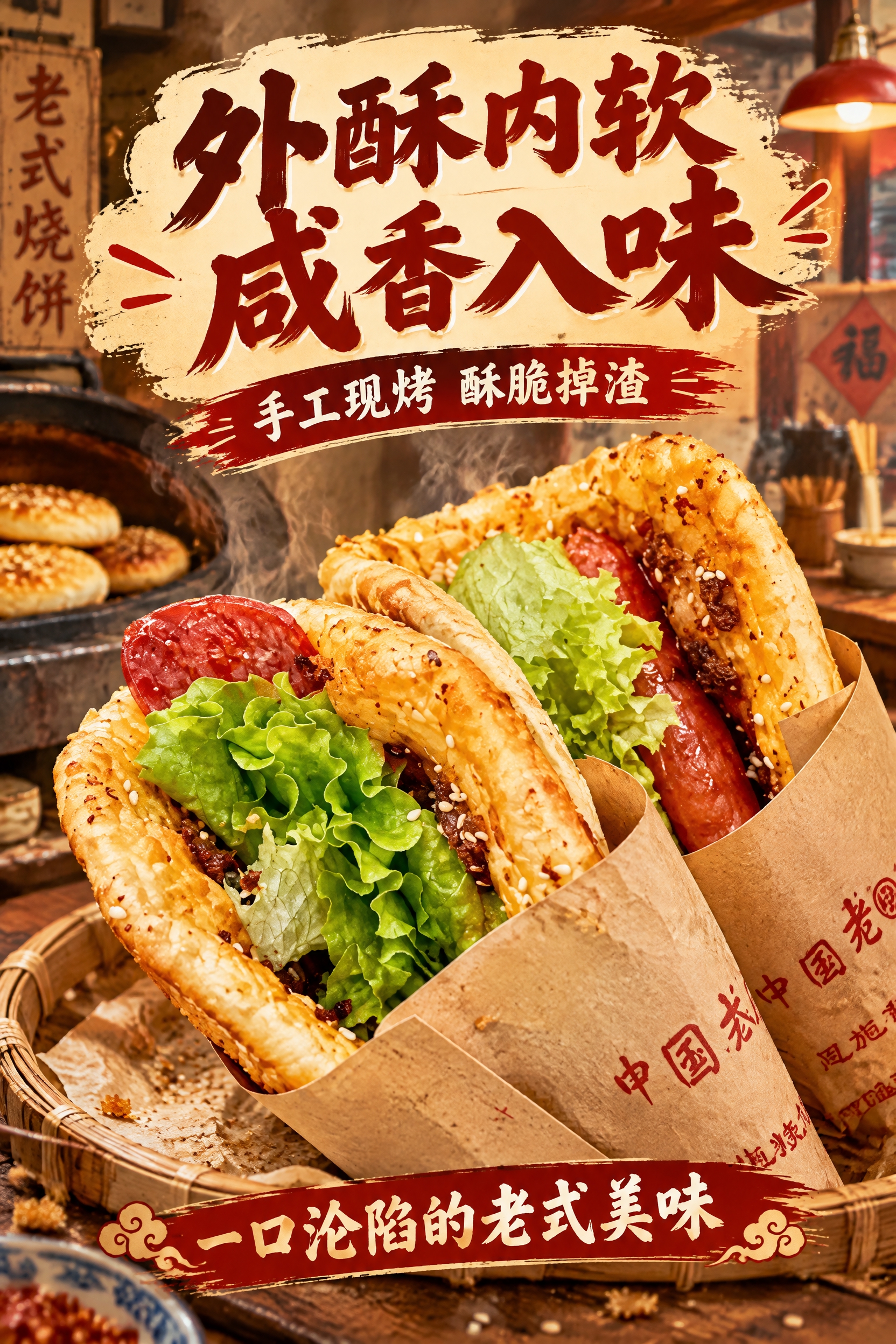 基于参考图中的中国老式烧饼夹肠夹生菜美食，制作一张竖版美食宣传… - 图片创意预览