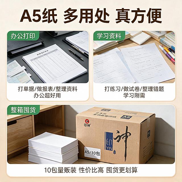 [主图-3] 多场景适用展示，说明A5复印纸的多种使用场景。
[统一基调] 拼多多风格，大字直白，性价比感强；背景主色为浅米色渐变，标题字色为深棕色加粗，辅助字色为深灰色，强调色为绿色；字体为粗黑体，字号层级分明，宫格卡片用圆角白底配浅棕边框。
[画面] 画面上方为大标题区域。画面下方采用三宫格布局，每个格子展示一个真实使用场景：左上格展示办公桌面场景，桌上有文件夹、笔、打印好的A5单据/报表；右上格展示学生学习场景，桌面上有课本、笔记本、A5打印的练习题/试卷缩小版；下方大格展示印神A5复印纸整箱产品（与输入图外观一致）放在书架/储物柜旁，旁边有几包拆开的A5纸堆叠，展示量贩装数量感。三宫格之间有细浅棕色分隔线。
[光影质感] 商业摄影质感，每个场景光线柔和自然，纸张白度均匀，纸箱纹理清晰，整体明亮干净。
[配色] 背景浅米色渐变，产品原色保留，文字深棕色主标题+深灰辅助字，绿色场景标签。
[文字版式] 顶部大标题："A5纸 多用处 真方便"，深棕色粗黑体，字号最大。每个宫格左上角有绿色小标签："办公打印""学习资料""整箱囤货"，白色字体。宫格下方简短说明文字，深灰色小字体。文字均在空白区域，不遮挡场景主体。
[输出要求] 1:1正方形比例，2K分辨率，文字清晰锐利，纸箱外观与输入图一致，宫格布局整齐。负向：变形、错字、模糊、杂乱、水印、平台Logo、场景不真实。