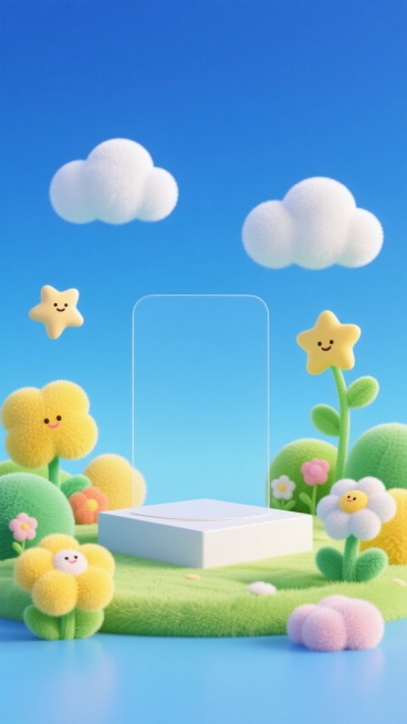 画面中间留出产品位置，放置一个薄的白色方形展台，周围放置一些可爱的元素，比如云朵，植物，星星，花朵，摆放有节奏感，主色调为蓝色渐变，添加一点点白色，黄色和绿色，童趣可爱，预览效果