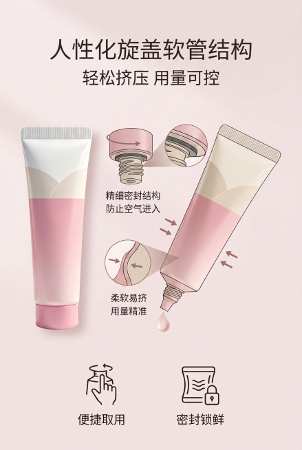 结构设计展示，护肤品软管产品，严格还原参考图产品包装、配色、LOGO、文字细节，精准复刻无偏差。产品比例1:1真实还原，浅柔粉低饱和背景，柔和均匀光影，主标题"人性化旋盖软管结构"画面上侧居中，副标题预览效果