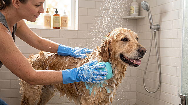 参考图中蓝色带刷毛的狗狗洗澡手套和浅蓝色狗狗硅胶洗发刷，保持物体主体特征不变，生成另一张欧美女人使用这两个工具给狗狗洗澡的真实自然场景图，超清画质，细节丰富，16:9比例