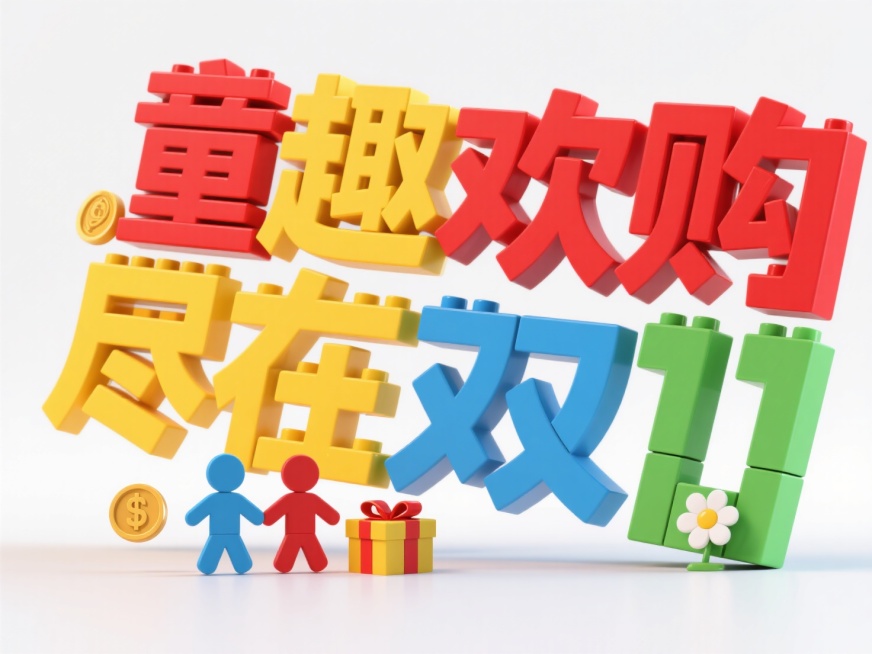 "童趣欢购 尽在双11"，乐高积木字体设计，中文艺术字由积木拼接组成，颜色鲜艳丰富（红、黄、蓝、绿），每个字只能有一个颜色，搭配手拉手的小人、金币、礼盒、小花，背景为白色。高饱和色彩。预览效果