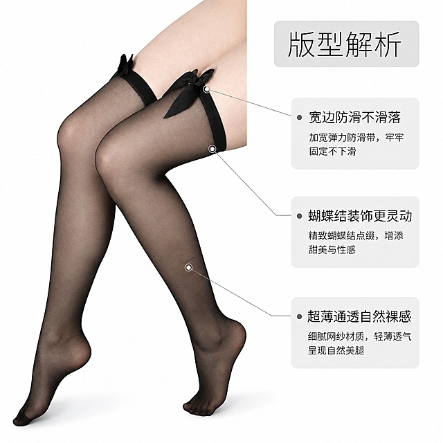 [第3屏] 性感黑色丝袜版型结构解析页，本屏使用【图1】作为主图展示整体效果。
[标题版式] 左对齐标签式标题，浅灰色圆角底框承载标题，细黑色文字，字重轻盈。
[氛围/风格] 清晰专业解析风，简约干净，商业展示质感。
[元素布局] 左侧放置完整产品穿戴图，占比约60%，右侧用引线标注产品关键结构：顶部宽边防滑带、蝴蝶结装饰、网纱通透袜身，每个标注点都搭配简短体验描述，丝袜版型、结构和颜色与原图一致。
[光影质感] 均匀布光，每个标注细节清晰可见，明暗对比柔和，产品层次分明。
[配色色系] 全局底色 #ffffff；主色黑色丝袜，辅助色浅灰色标注框，黑色文字。
[视角构图] 平视斜侧视角，左侧主体右侧文字，动线清晰，信息层级分明。
[文字版式] 左产品右标注构图。标题「版型解析」在右上，每个标注点引线引出，标注文字为「宽边防滑不滑落」「蝴蝶结装饰更灵动」「超薄通透自然裸感」，文字清晰不遮挡主体。
[比例分辨率] 1:1 正方形比例，4K分辨率，文字清晰可辨，高清画质。
[负向提示词] 变形，文字错乱，文字过小，引线模糊，颜色偏差，结构错误，低俗擦边，水印。